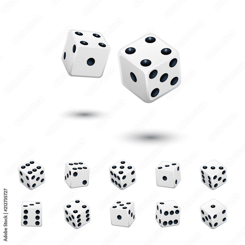Dice game element set. Vector white cubes in different positions on isolated on white background. Dice game element set. Vector white cubes in different positions on isolated on white background.