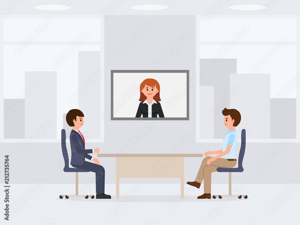 Two office workers sitting at the table cartoon character. Vector illustration of online conference Two office workers sitting at the table cartoon character. Vector illustration of online conference