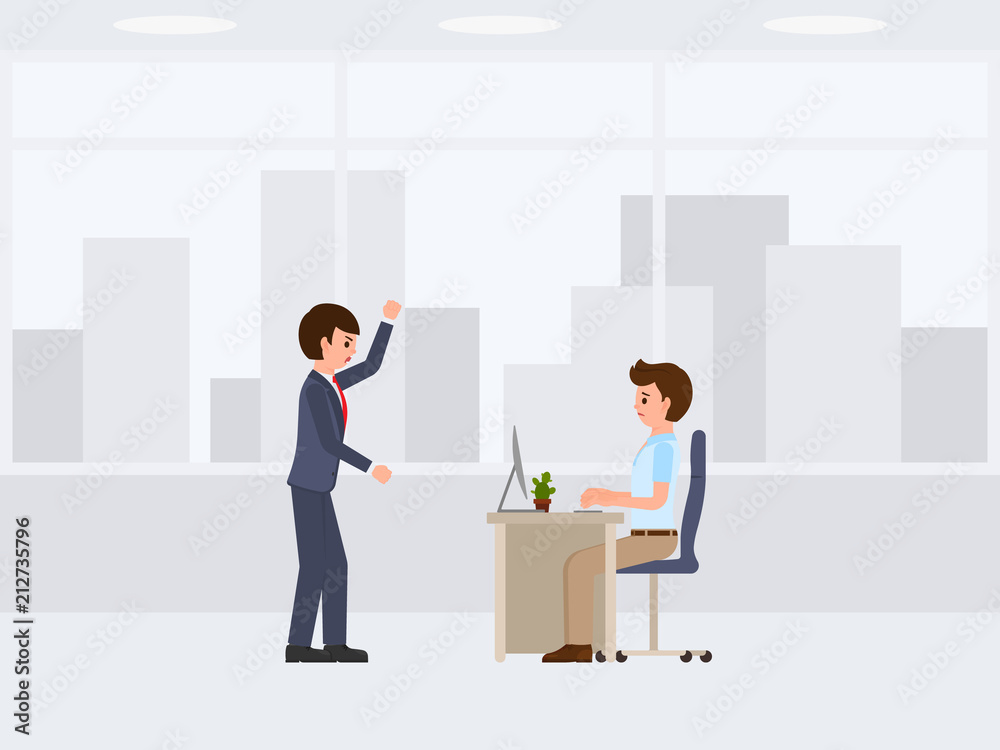 Angry boss screaming on dejected stuff cartoon character. Vector illustration of stressed working day