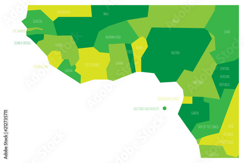 Countries of Guinea Gulf - Western Africa. Simplified and schematic political map. Vector illustration in shades of green.