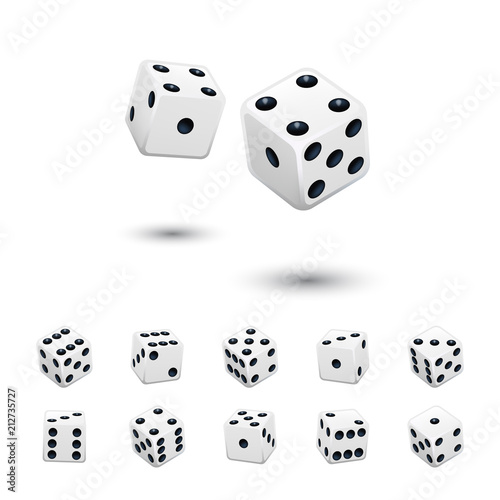 Dice game element set. Vector white cubes in different positions on isolated on white background.