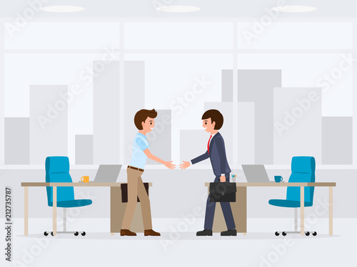 Two business man are making deal cartoon character. Vector illustration of hands shaking partners © Cherstva