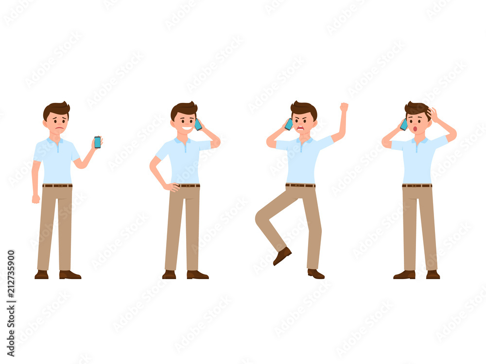 Business man using smartphone cartoon character. Vector illustration of sad, happy, angry, surprised phone call Business man using smartphone cartoon character. Vector illustration of sad, happy, angry, surprised phone call