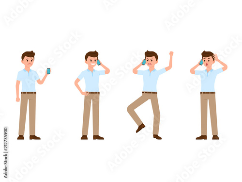 Business man using smartphone cartoon character. Vector illustration of sad, happy, angry, surprised phone call