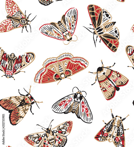 Cute butterflies seamless pattern in retro style. Beautiful craft and red moths. Vintage background. Wallpaper.