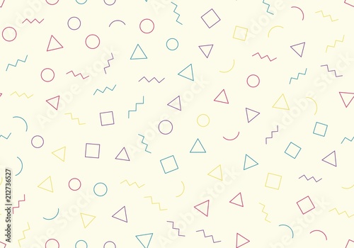 Memphis seamless geometric pattern with beige background. Trendy memphis style. Vector repeating texture.