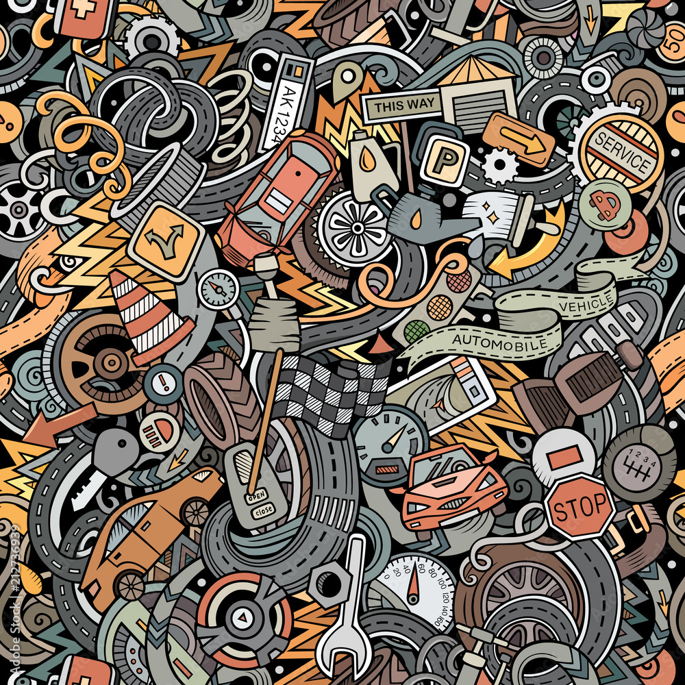 Cartoon cute doodles Automotive seamless pattern