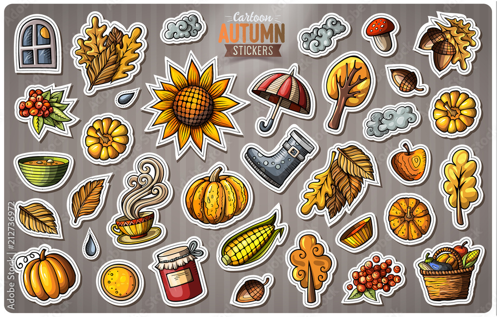 Obraz premium Set of Autumn season cartoon vector stickers
