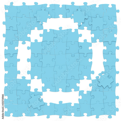 Jigsaw puzzles blue color assembled like capital letter O on white background, puzzle letters may be seamless connected along borders, 3D rendered font image