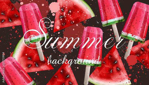 Watercolor Ice cream and watermelon Vector summer backgrounds