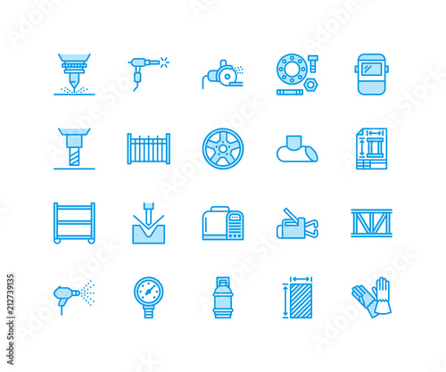 Welding services flat line icons. Rolled metal products, steelwork, stainless steel laser cutting, fabrication, turning works, safety equipment, powder coating. Industry thin sign for welder services.