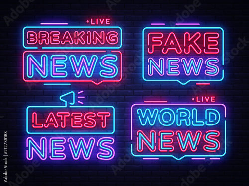 Breaking News collection sign vector design template. Breaking News neon logo, light banner design element colorful modern design trend, night bright advertising, brightsign. Vector illustration photo