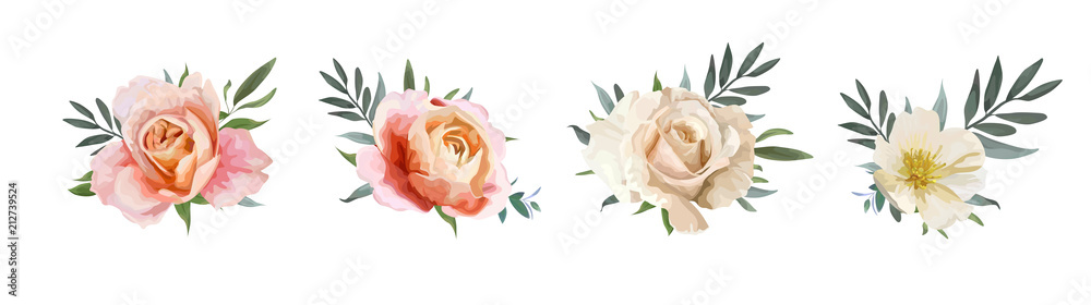 Plakat Wektor bukiet kwiatowy: różowy brzoskwiniowy ogród, kremowy, blady pomarańczowy Rose, żółty biały kwiat magnolii, eukaliptus, gałązki oliwne zieleni, zielone liście. Ślub, zaprosić karty Zestaw elementów akwarela