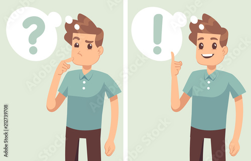 Smart young man, student thinking, understands problem and finds successful solution, vector cartoon characters isolated