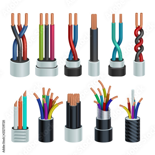 Realistic electric industrial cables, electrical copper wires vector set isolated