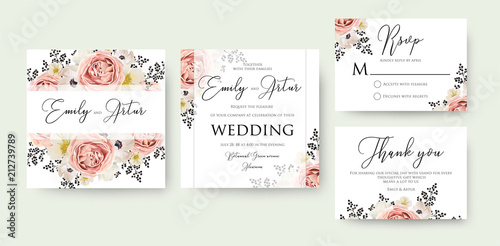 Wedding floral watercolor invite, invitation, save the date, rsvp, thank you card design. Pink peach garden rose, white anemones, magnolia flowers & black berry decorative border. Vector, art template