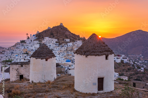 Iconic traditional wind mills in Ios island  Cyclades  Greece.