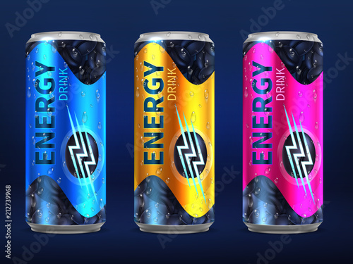 Realistic disposable energy drink cans in different colors of design vector template isolated on white background