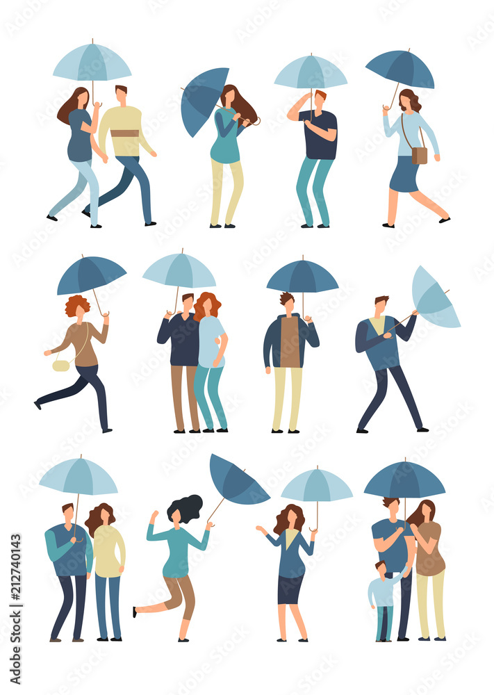 People holding umbrella, walking outdoor in rainy spring or fall day. Man, woman in raincoat under rain vector flat characters isolated