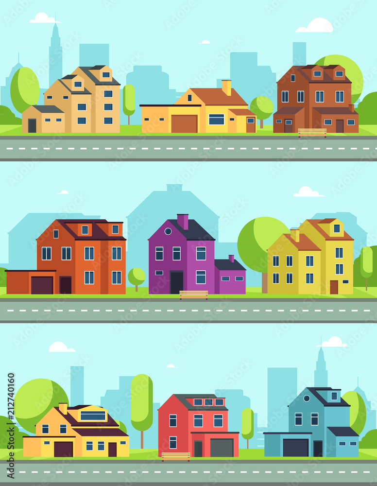 City street with buildings, suburban road and houses, cottages. Vector seamless horizontal cityscapes