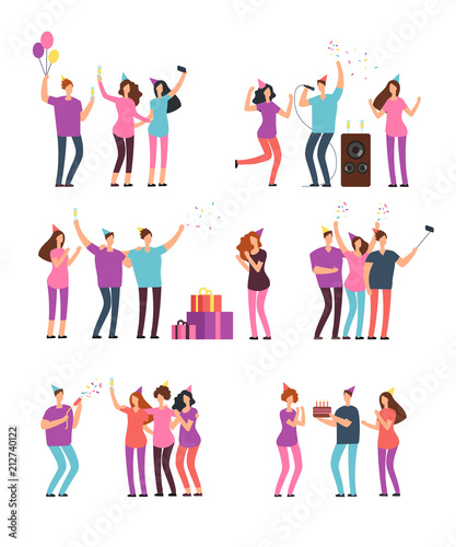 Friendly people men  women dancing  singing and having fun at party. Friends celebrating birthday. Vector cartoon characters isolated