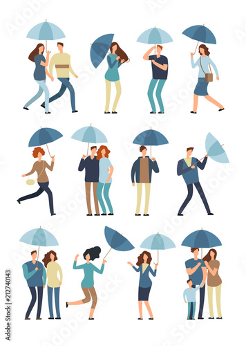 People holding umbrella, walking outdoor in rainy spring or fall day. Man, woman in raincoat under rain vector flat characters isolated