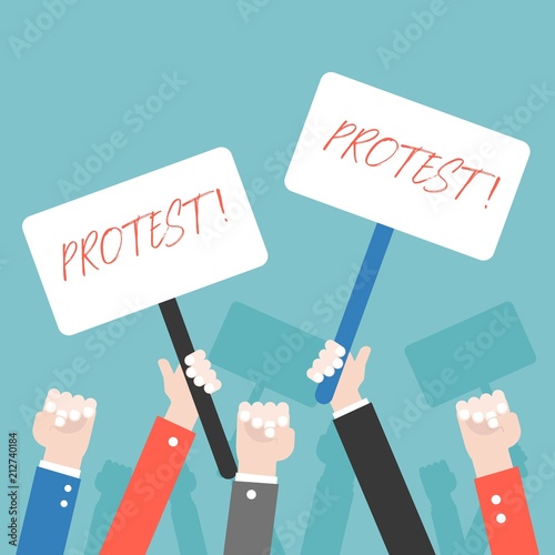 Many hand with protest sign, protester concept