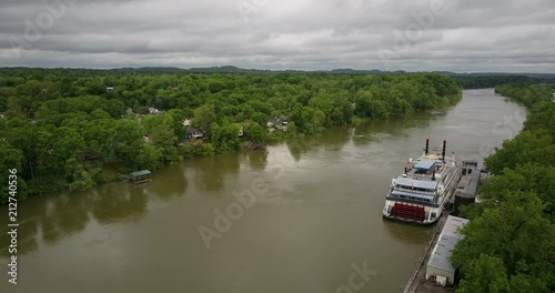 Aerial footage of the General Jackson riverboat docked on the bank of the muddy Cumberland river in Nashville, Tennessee. photo