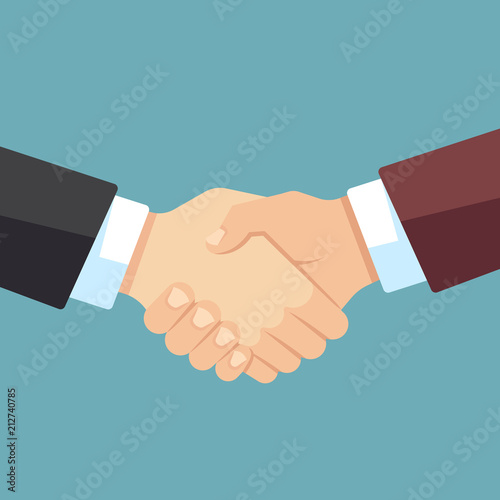 Robust handshake of businessmen. Business team, agreement and big deal vector flat concept
