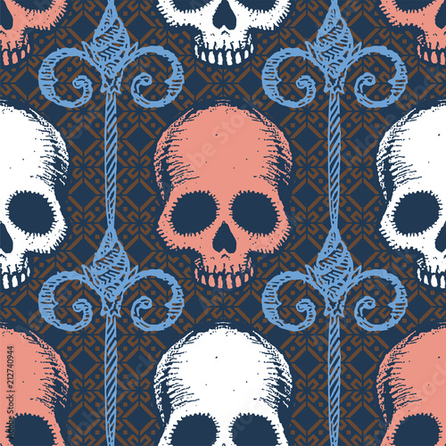 Seamless pattern with hand drawn skulls. Vector Illustration