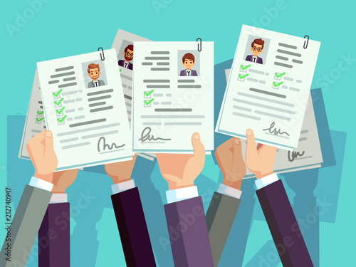 Job competition. Candidates hold cv resume. Recruitment and human resource vector concept