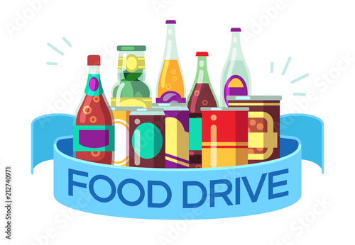 Christmas food drive. Canned soup and drinks, gift homeless vector concept