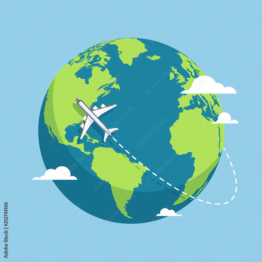 Plane and globe. Aircraft flying around Earth planet with continents