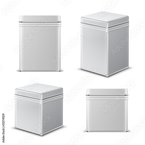 Tin can. Rectangular white metal container. Food product package vector isolated mockup photo