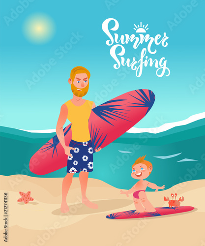 Surfer man with surfboard with little son on the beach. Vector cartoon character illustration. Family summer holiday, trip