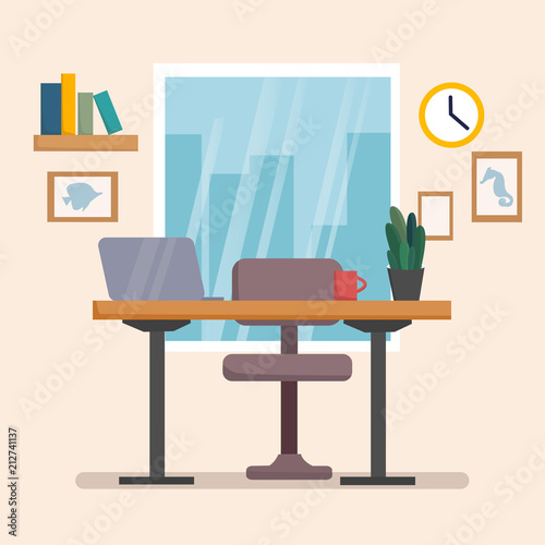 The workplace interior cartoon design with furniture, books. Freelancer, designer office workstation. Business concept flat style cartoon vector illustration