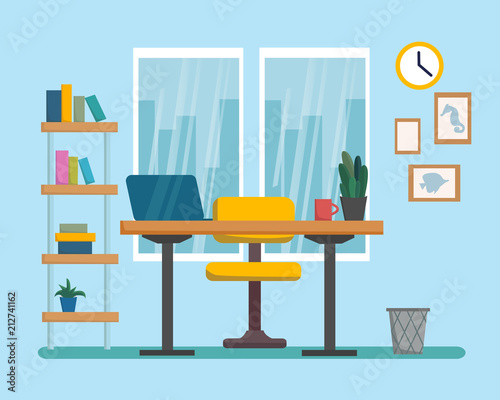 The workplace interior cartoon design. Freelancer, designer office workstation. Business concept flat style cartoon vector illustration