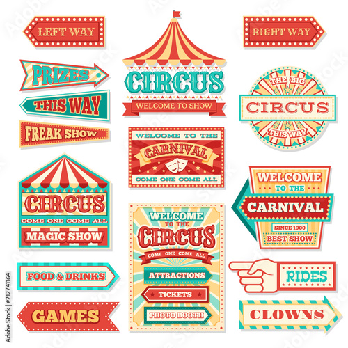 Old carnival circus banners and carnival labels vector set photo