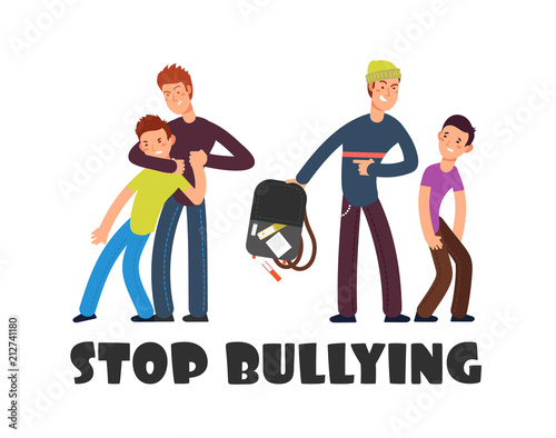 Stop bullying concept. Sad helpless kid. Negative persons and victim. Social problems vector background