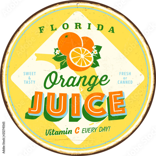 Vintage Vector Metal Sign - Florida Orange Juice - Grunge effects can be easily removed for a brand new, clean design