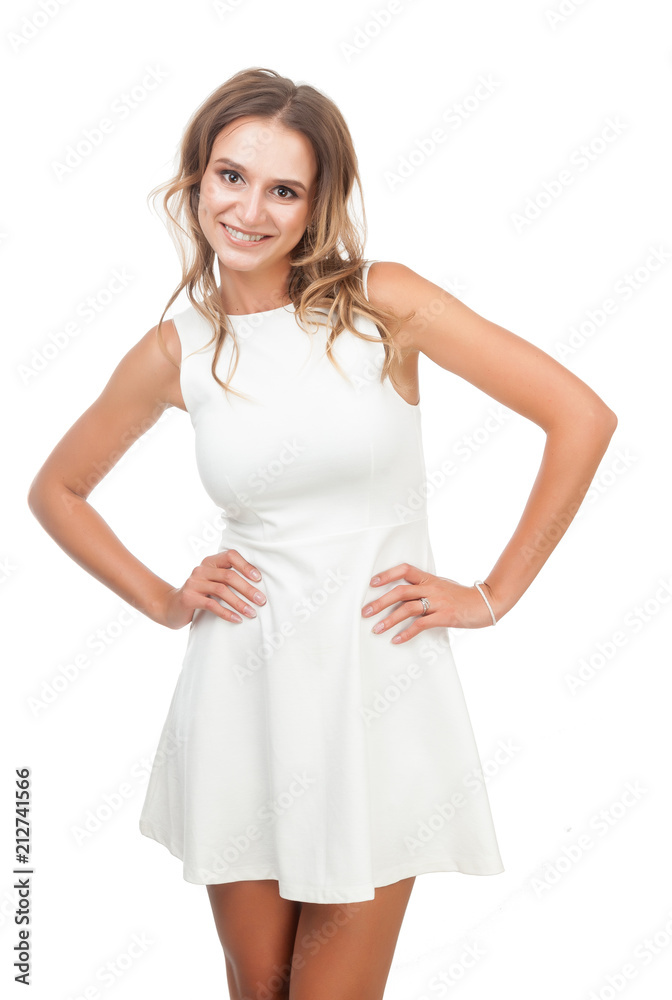Joyful girl in white dress on white background. Joyful girl in white dress on white background.