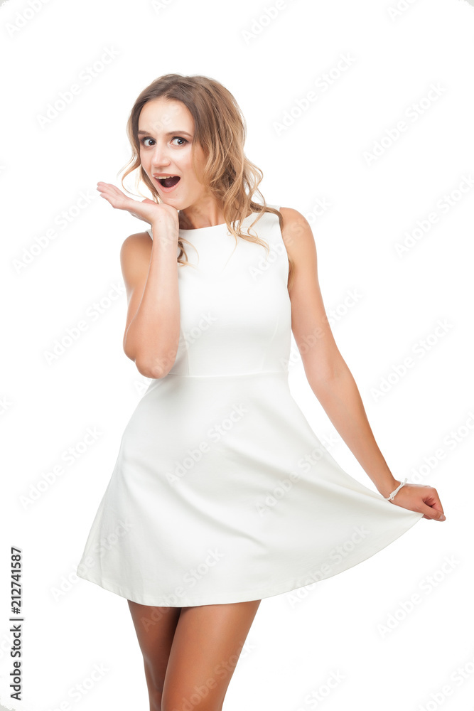 Joyful girl in white dress on white background. Joyful girl in white dress on white background.
