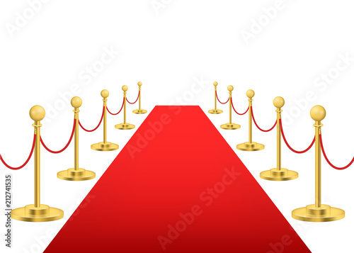 Realistic Detailed 3d Luxury Red Carpet with Gold Barriers. Vector