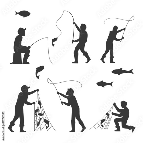 Fish and fisherman silhouettes isolated on white background