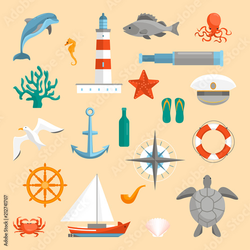 Cartoon Color Sea Icons Set. Vector