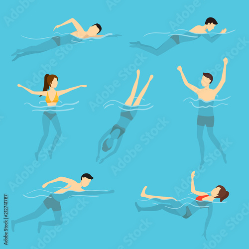 Cartoon Characters Swimming and Diving People Set. Vector