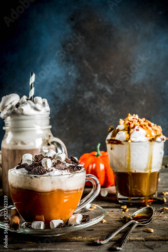 Autumn winter warm drinks, hot chocolate, pumpkin latte, caramel and peanut coffee latte, mulled wine, cozy dark background copy space
