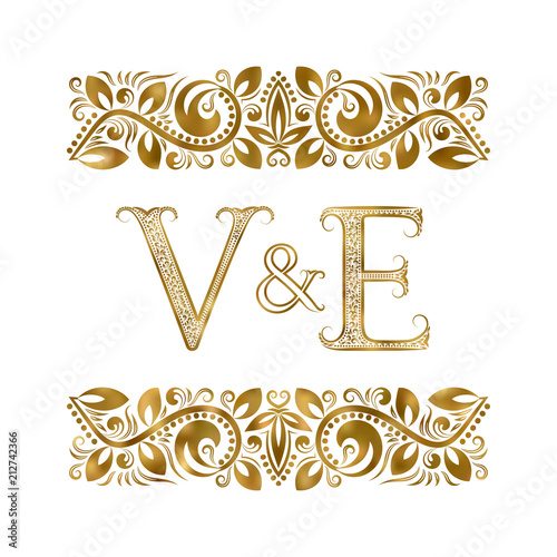 V and E vintage initials logo symbol. The letters are surrounded by ornamental elements. Wedding or business partners monogram in royal style.