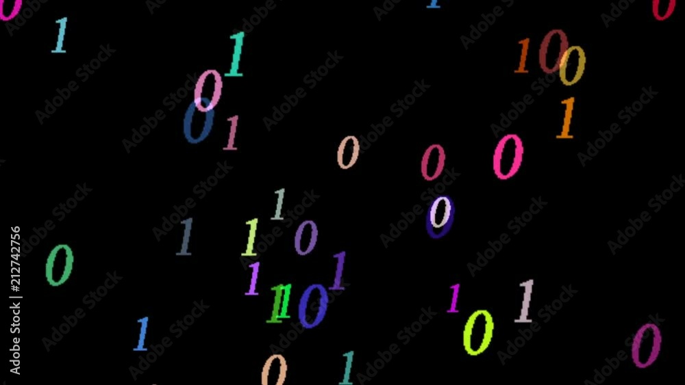 Animated computer screen saver with moving colored symbols digits on a black background Animated computer screen saver with moving colored symbols digits on a black background