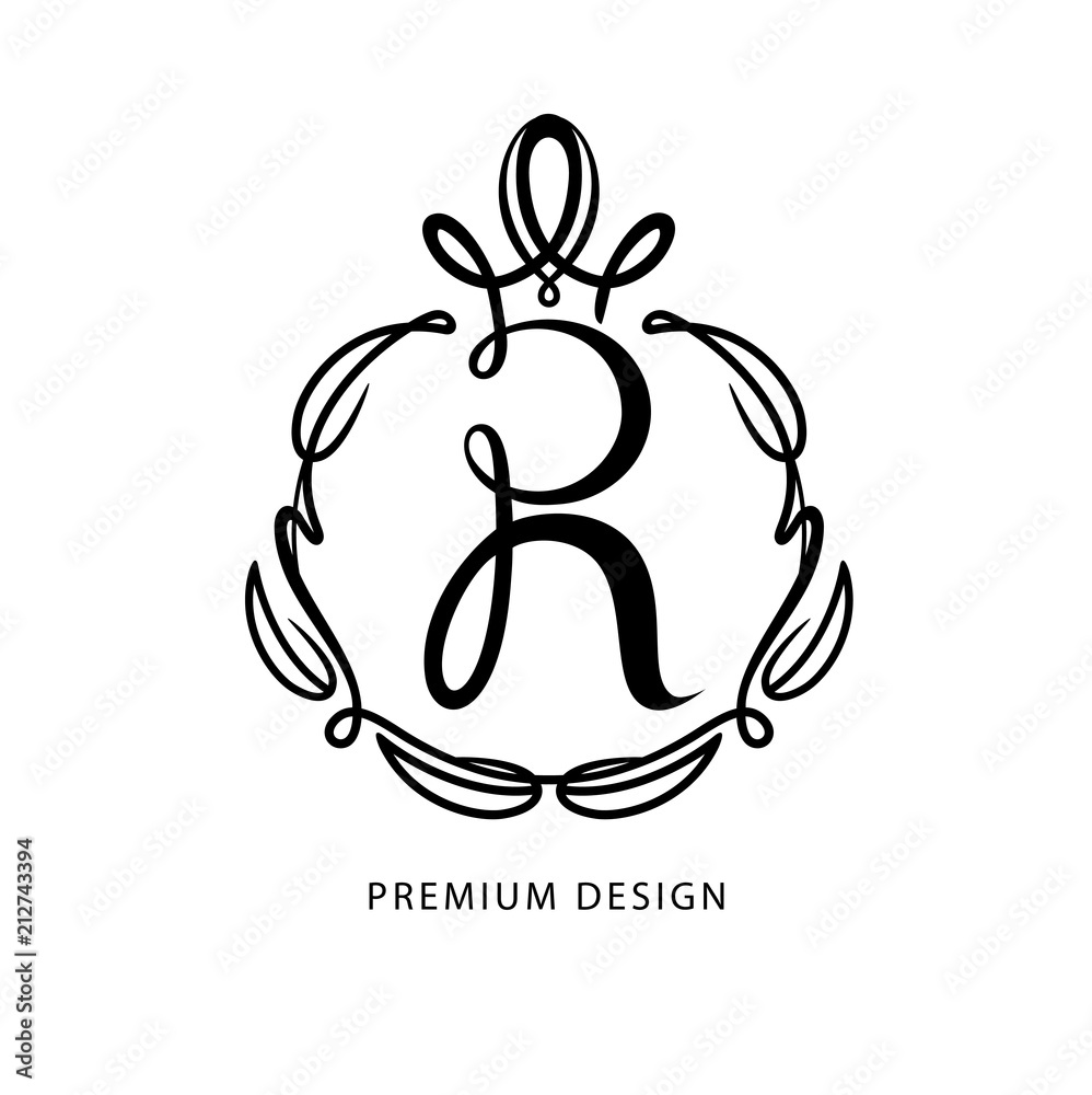 Monogram design elements, template on white isolated background. Calligraphic elegant line art logo design. Letter R. Vintage Insignia or Logotype. Business sign, identity, label, badge, Cafe, Hotel. Monogram design elements, template on white isolated background. Calligraphic elegant line art logo design. Letter R. Vintage Insignia or Logotype. Business sign, identity, label, badge, Cafe, Hotel.
